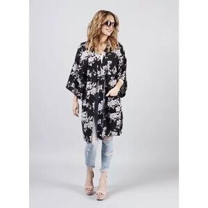 Spiritual Gangster Kimono Duster Women OS Black Floral‎ Boho Beach Festival Chic